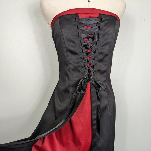 Vintage Prom Dress Maxi Gown S Red Black Corset Goth 90 Y2K Strapless Vamp Glam - Picture 9 of 13